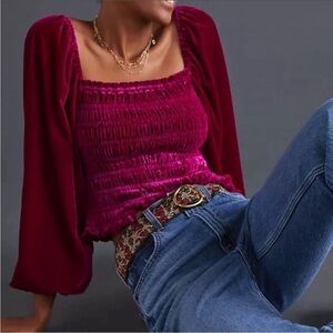 NWT ANTHROPOLOGIE Crushed Velvet Smocked Balloon Long Sleeve Boho Crop Top